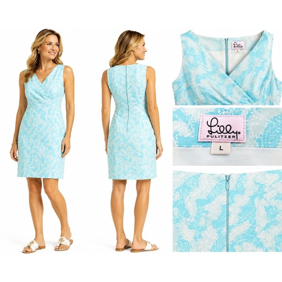 Lilly Pulitzer Dresses & Skirts - Lilly Pulitzer Dress Womens L Blue Seahorse Starfish Print Shift V-Neck Cotton
